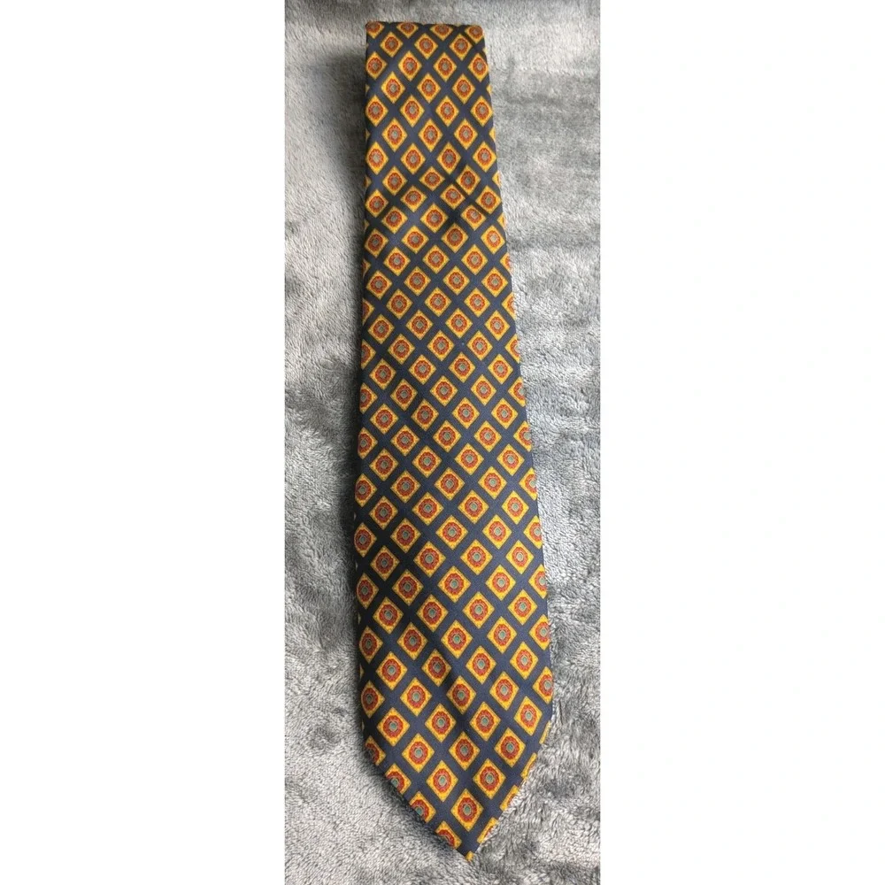 Vintage Christian Dior Silk‎ Tie Geometric Diamond Pattern Navy Yellow Red Green